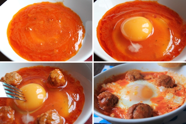 Huevos al plato con albondigas de atun paso a paso