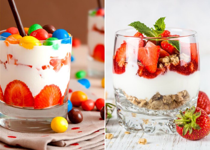 strawberries with yogurt dessert in small glasses