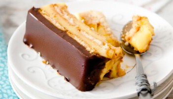 flan and chocolate biscuit cake
