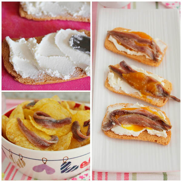 tostas de queso, mermelada y anchoas