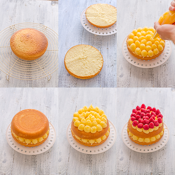 decoración bizcocho crema pastelera con frambuesas