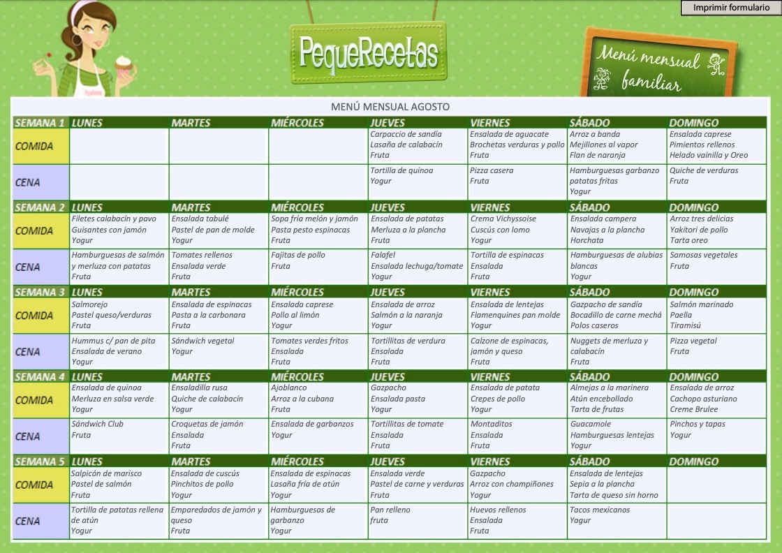 Menú semanal de agosto fácil ¡para las vacaciones!
