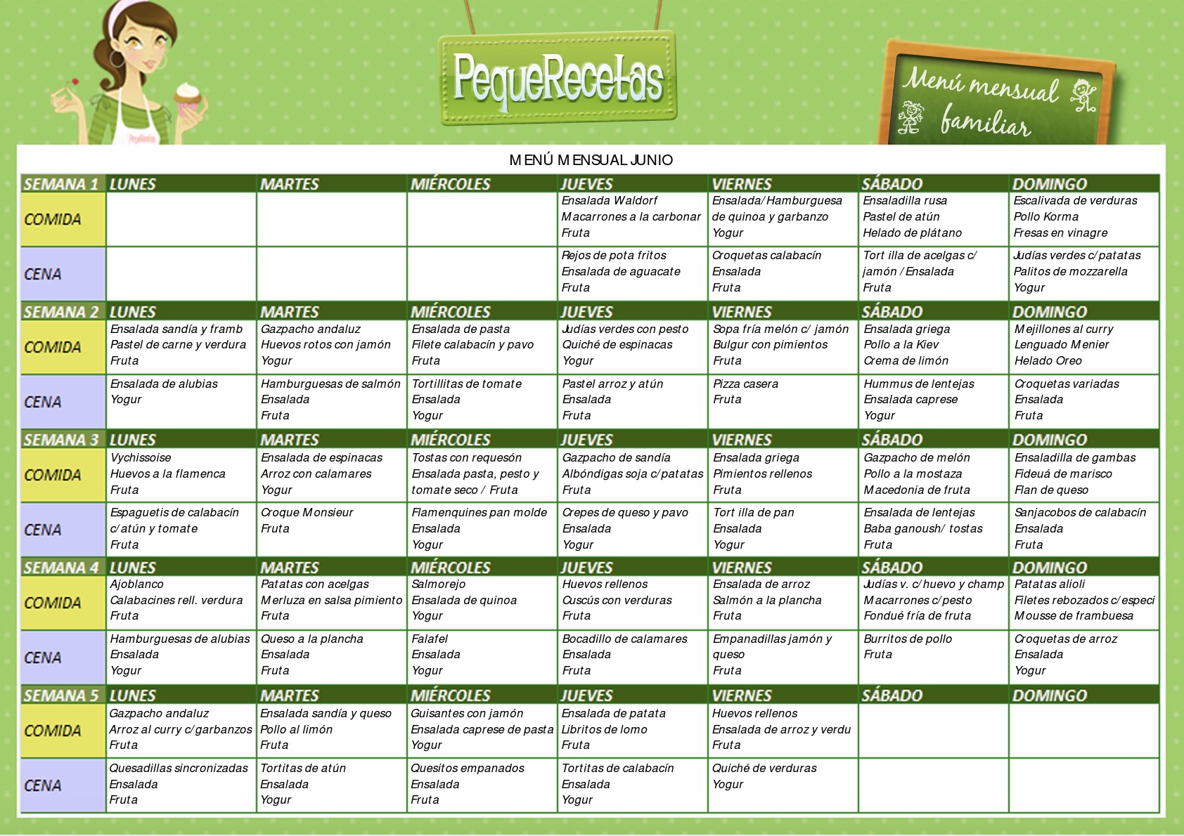 Menú semanal de junio (recetas fáciles y frescas)