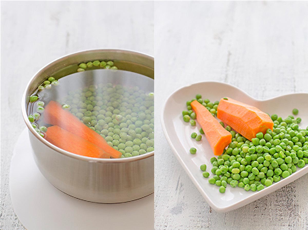 cocer guisantes y zanahoria Arroz tres delicias chino