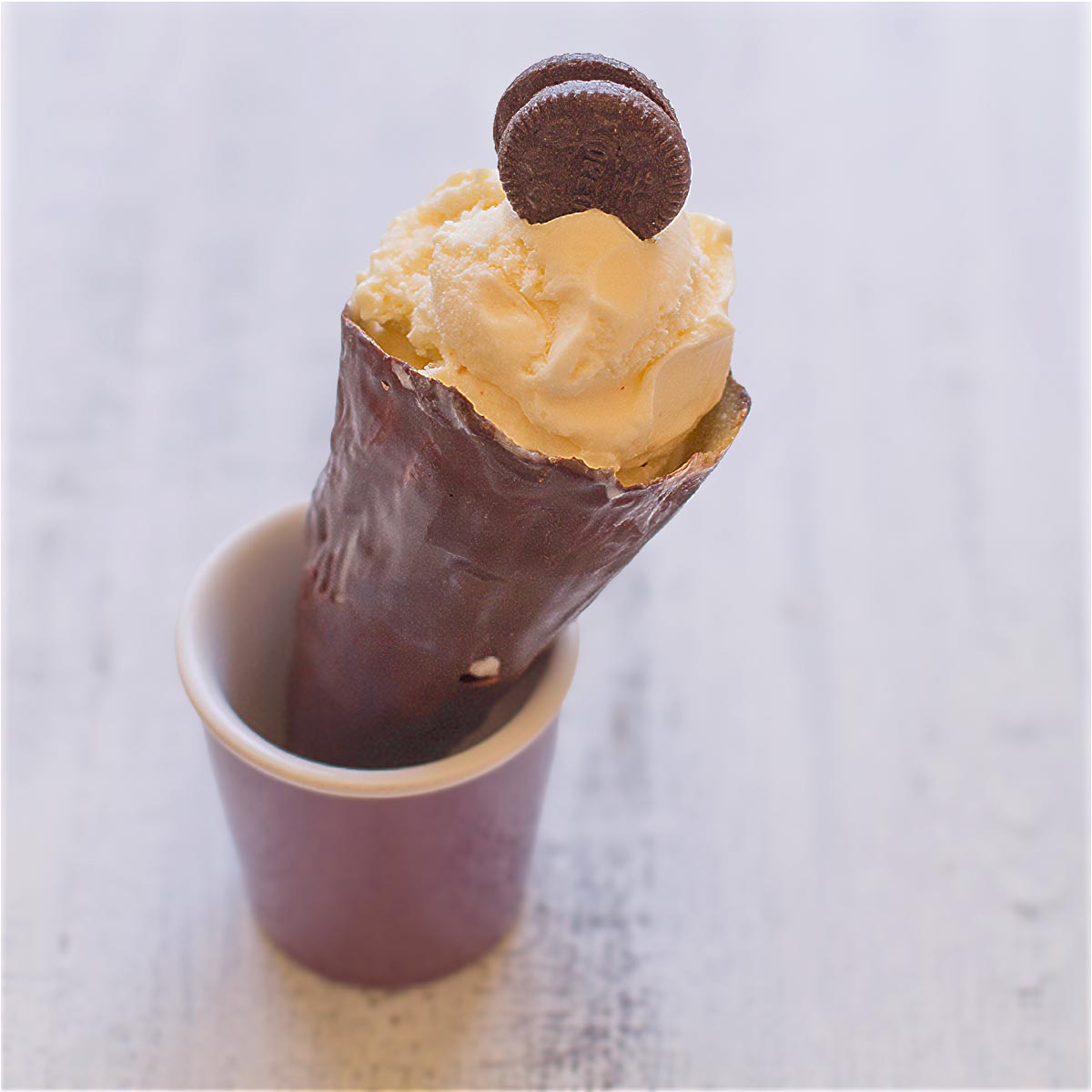 chocolate cones with vanilla ice cream